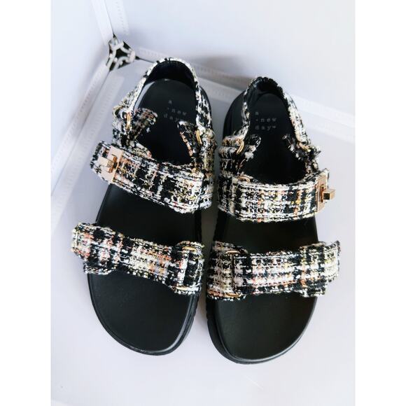 A New Day Jonie Jet Black Tweed Sandals Sling Back 6.5 Knit Gold Buckle Fall - Picture 7 of 10